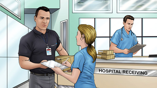 Steve delivering a medical device to a hospital reception area. A female doctor is signing for the parcel.