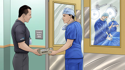 Steve delivering a medical device to a doctor heading into surgery